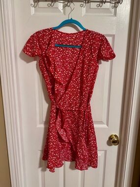 Red Floral Wrap Mini Dress with Tie Waist